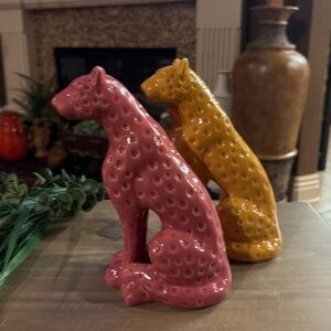 Yellow and Pink 10 Inch Ceramic Leopard Figurines.